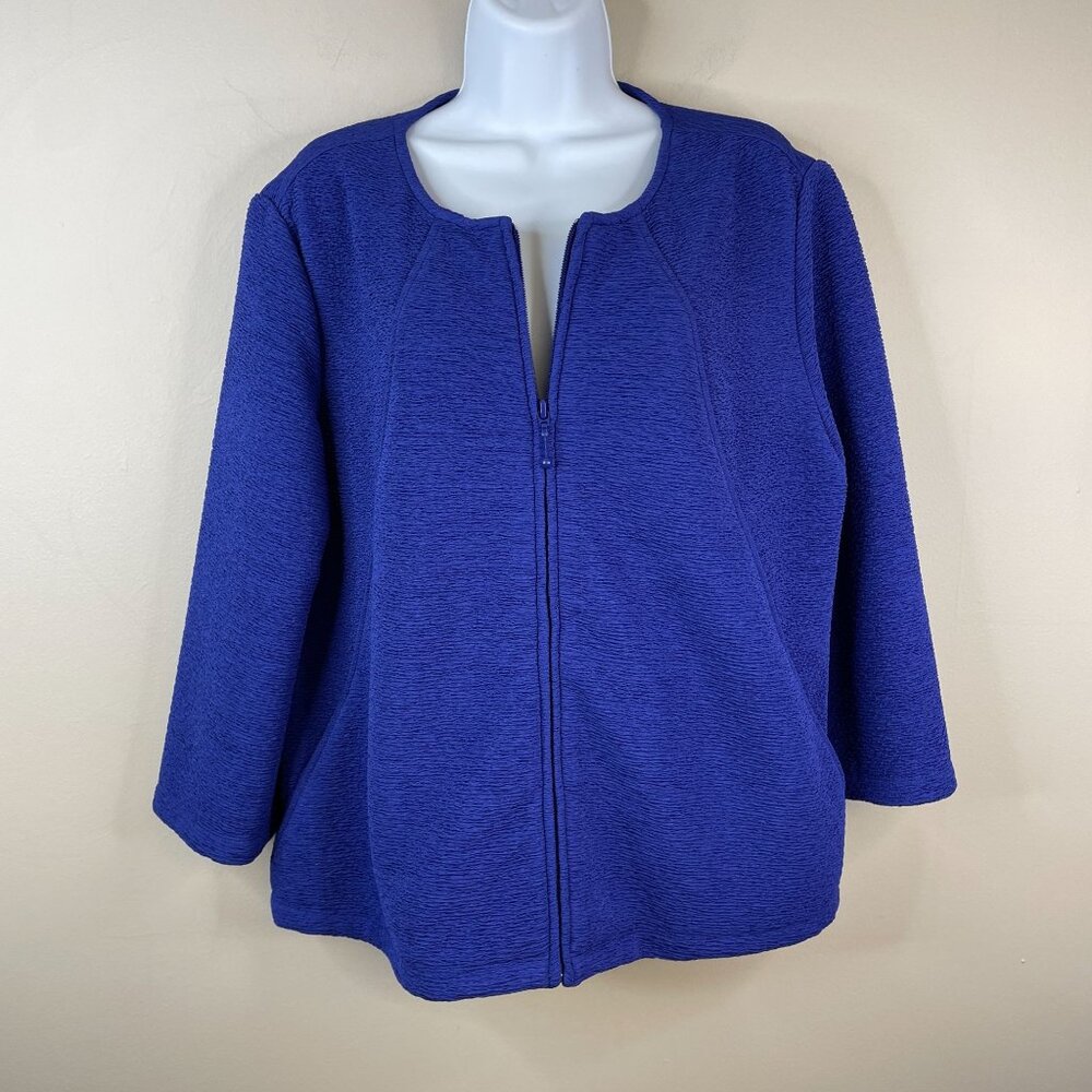 Chico's TEXTURED Full Zip Jacket 2 Large Blue‎ Long Sleeve CRINKLE Knit Blazer